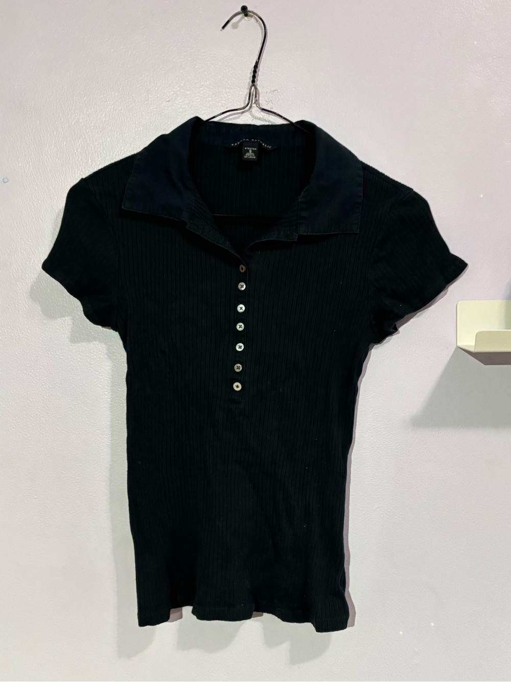 Black Ribbed Polo Henley Top - Women